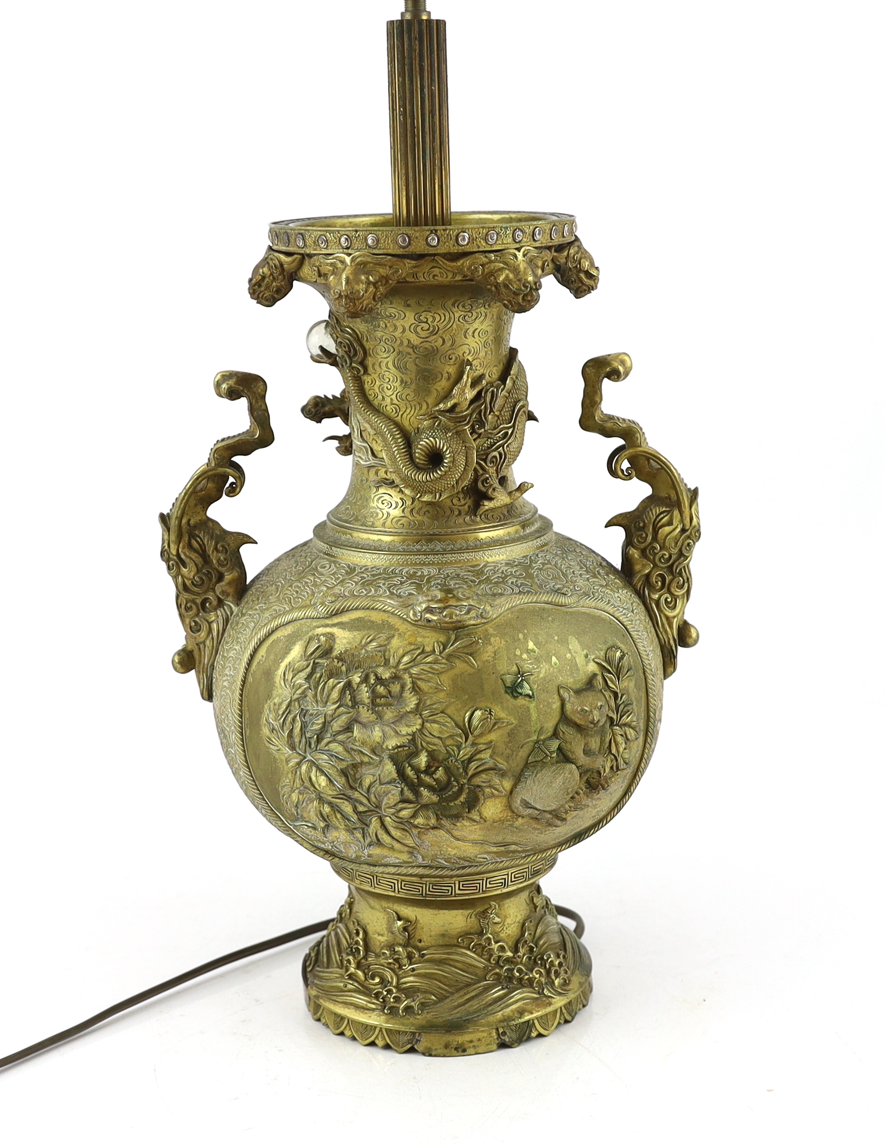 A Japanese gilt bronze 'Samurai' vase, early 20th century, later mounted as a lamp, repairs to base
